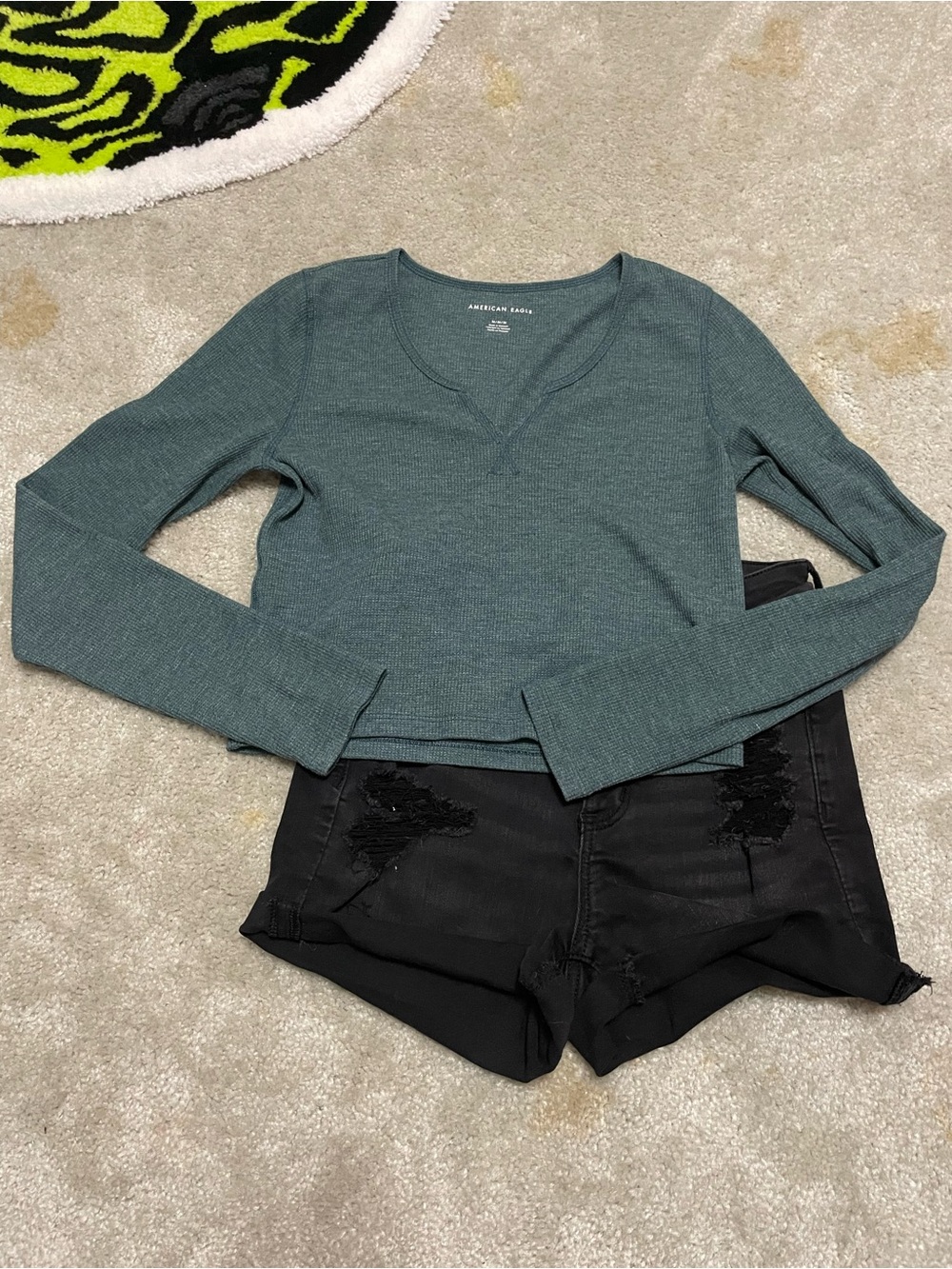 American Eagle Outfitters Long Sleeve V-Neck Crop Top in Teal Green
